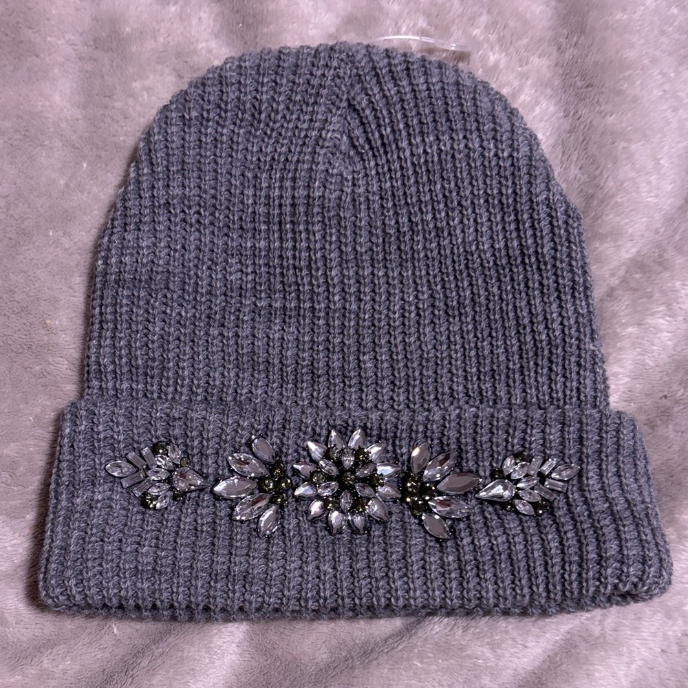 Embellished Gray Knit Beanie W Jewels… NWT